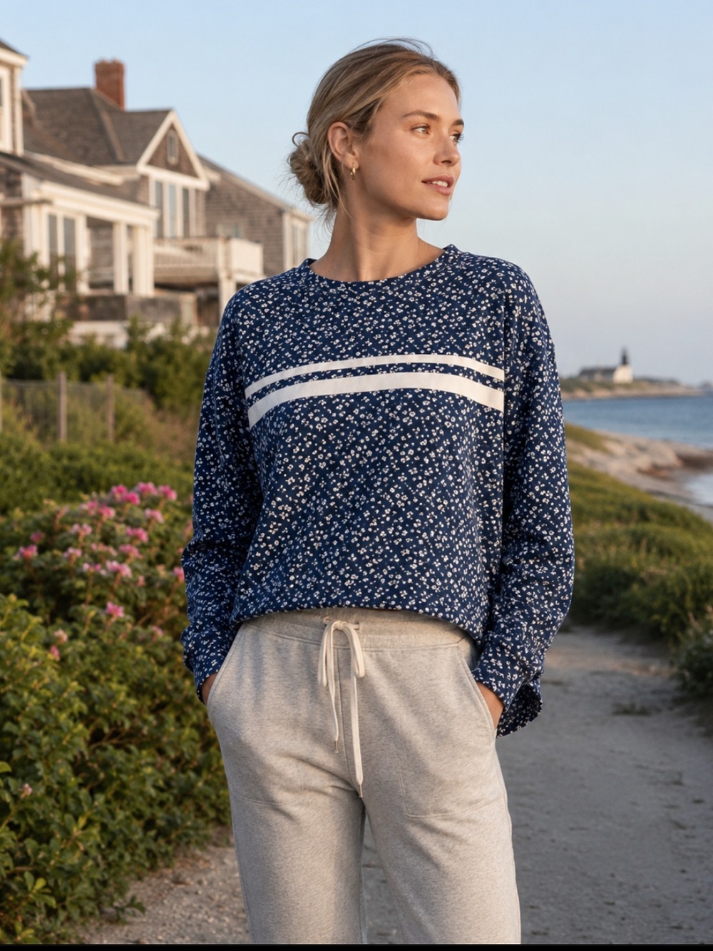 NWT Addison Bay Lombard Crewneck Courtside Blue Floral French Terry Sweatshirt